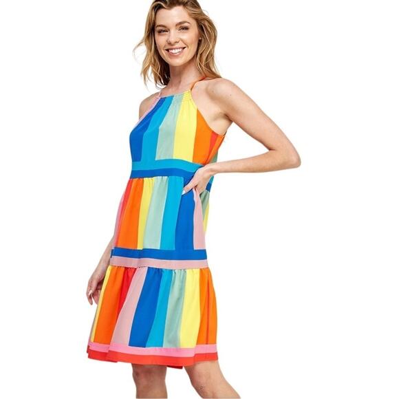 SOLUTION Rainbow Striped Shift Dress Size Medium - Picture 9 of 10